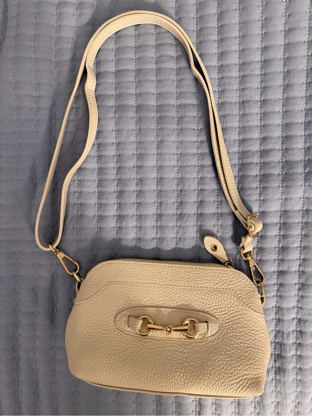 Beige Pebbled Leather Crossbody Bag with Gold Hardware Made in Italy